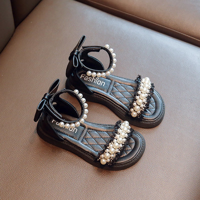 Детски сандали за момичета - с перли и панделка