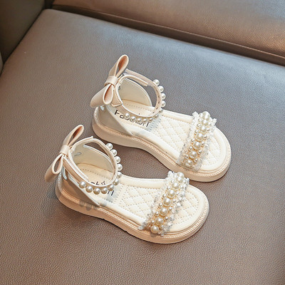 Детски сандали за момичета - с перли и панделка