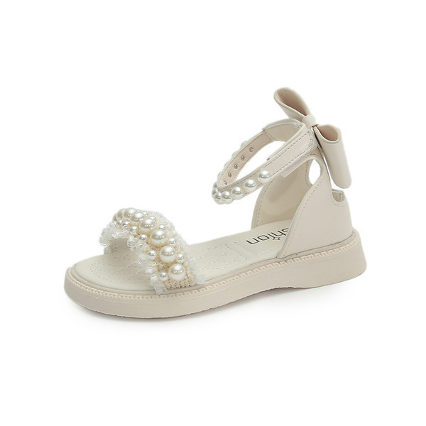 Детски сандали за момичета - с перли и панделка