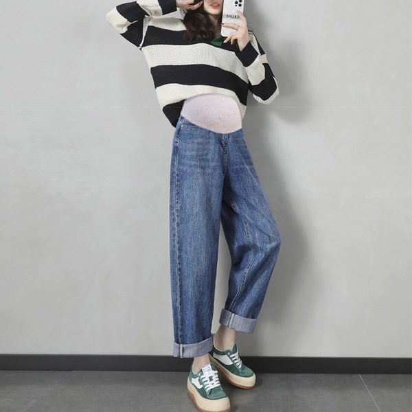 Női farmer terhes nőknek - széles, magas derékkal