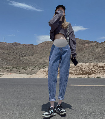 Дамски дънки за бременни жени с висока талия - широк модел