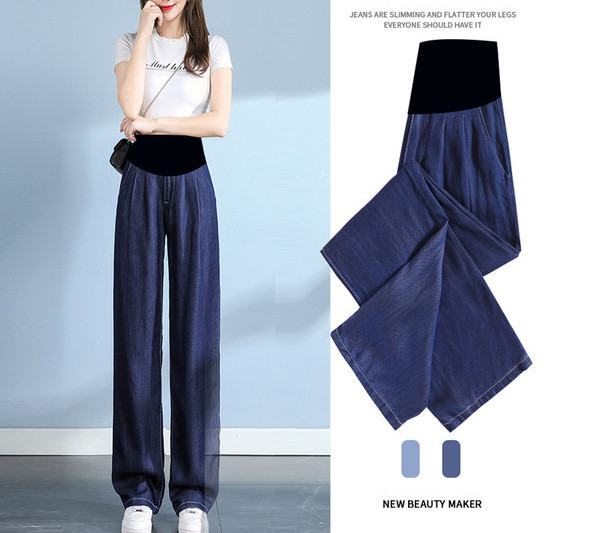 Alkalmi női széles szárú farmernadrág zsebekkel kismama időre