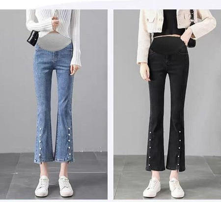 Γυναικείο τζιν για εγκύους - με ψηλόμεσο και διακόσμηση με πέρλες