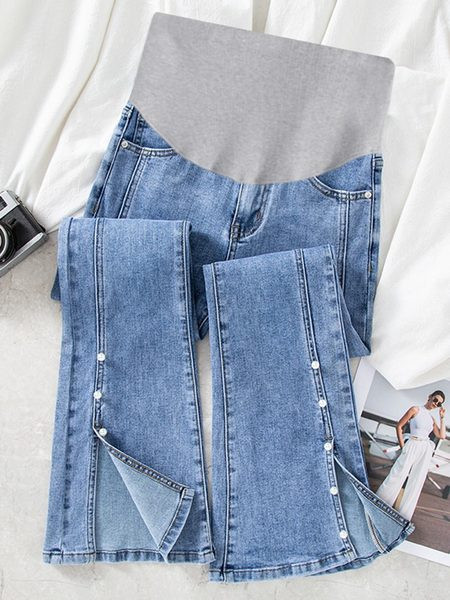 Γυναικείο τζιν για εγκύους - με ψηλόμεσο και διακόσμηση με πέρλες