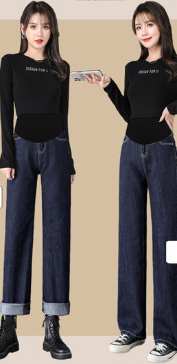 Дамски дънки за жени с висока талия - свободен модел с джоб