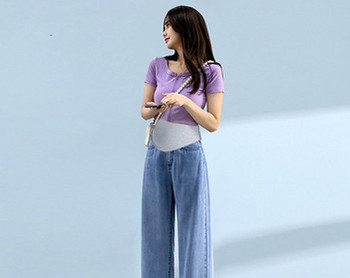 Дамски дънки за бременни жени с висок талия - свободен модел в синьо