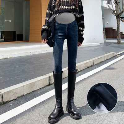 Női farmer terhes nőknek - magas derekú plusz bársonyvastagítás