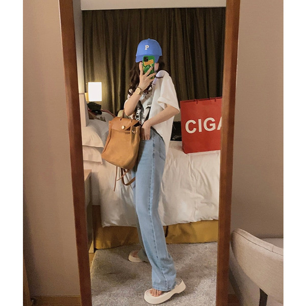 Női farmer terhes nőknek magas derékkal - vékony, laza mintával