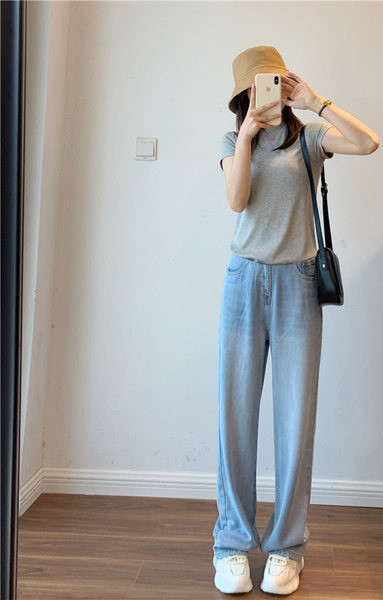 Női magas derekú nyári farmernadrág kék színben