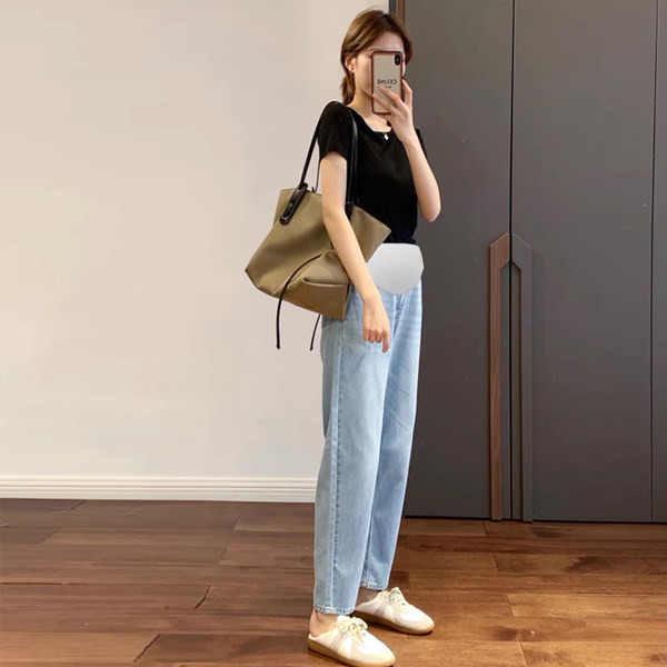 Nyári farmer kismamáknak állítható szárral és gumival