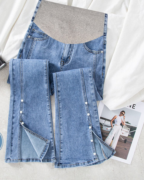 Γυναικείο τζιν για εγκύους  ψηλόμεσο και διακόσμηση με πέρλες