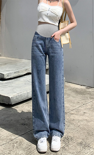 Ženske traperice za trudnice s visokim strukom - široki kroj s džepom