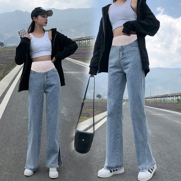 Широк модел дамски дънки с цепки за бременни