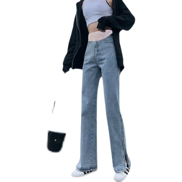 Широк модел дамски дънки с цепки за бременни