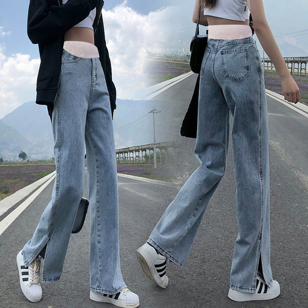 Широк модел дамски дънки с цепки за бременни