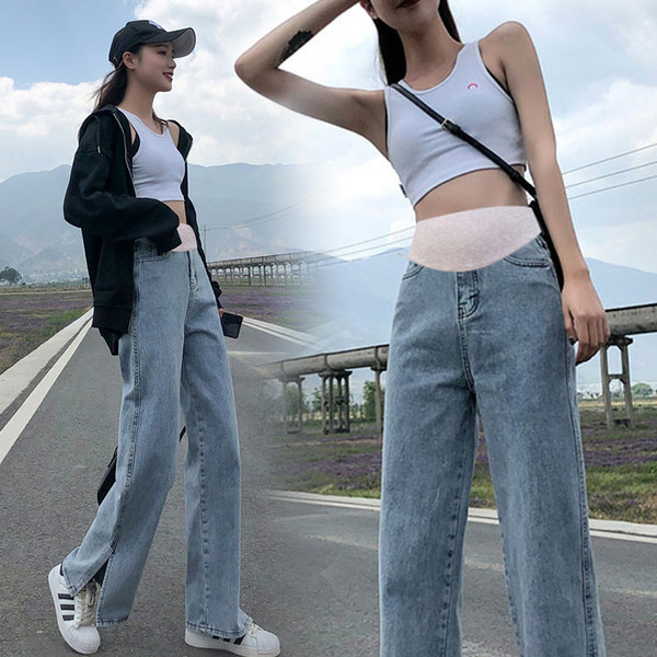 Широк модел дамски дънки с цепки за бременни