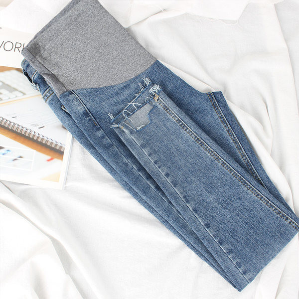 Moteriški džinsai nėščiosioms aukštu juosmeniu - švarus tiesus modelis