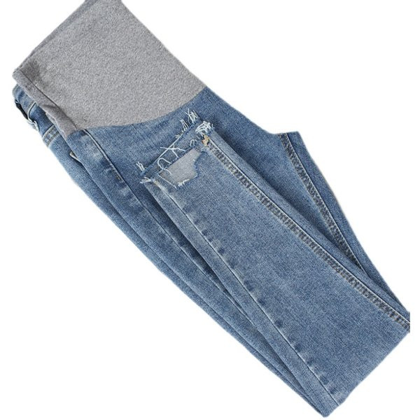 Moteriški džinsai nėščiosioms aukštu juosmeniu - švarus tiesus modelis