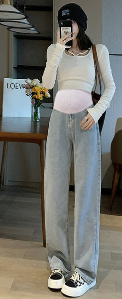 Широк модел дънки с висока талия за бременни нов модел