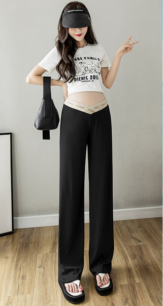 Дълъг панталон з бременни жени с ниска талия - изчистен свободен модел