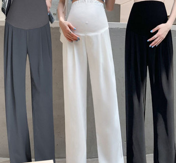 Дълъг дамски панталон за бременни жени с висока талия - изчистен свободен модел