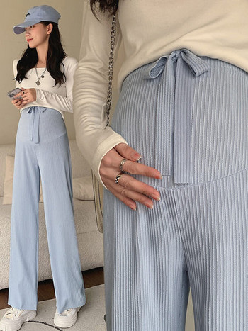 Широк модел панталон за бременни с висока талия и връзки