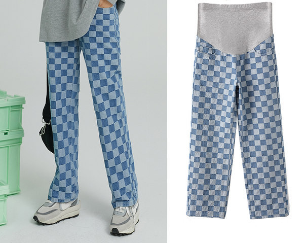 Női hosszú nadrág terhes nőknek magas derékkal - kockás