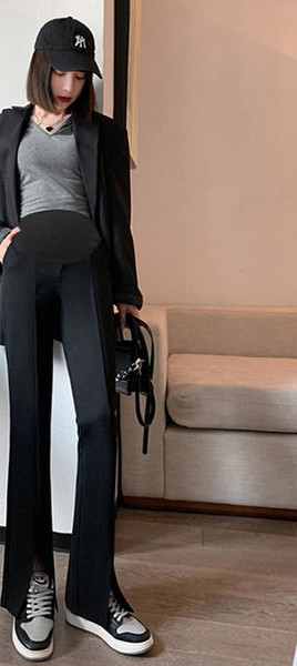 Елегантен дамски панталон с висока талия и  цепки за бременни 