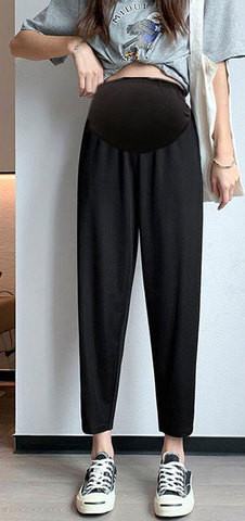 Дълъг дамски панталон с джобове и широк ластик за бременни