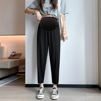 Дълъг дамски панталон с джобове и широк ластик за бременни