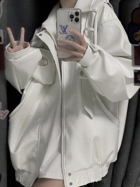 Női fehér bőrdzseki cipzárral