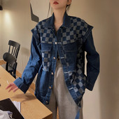 Női őszi kabát - kockás farmer, gombokkal