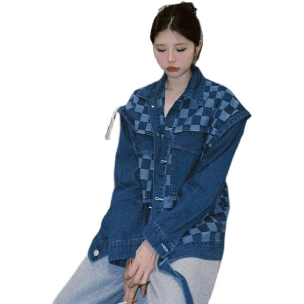 Női őszi kabát - kockás farmer, gombokkal