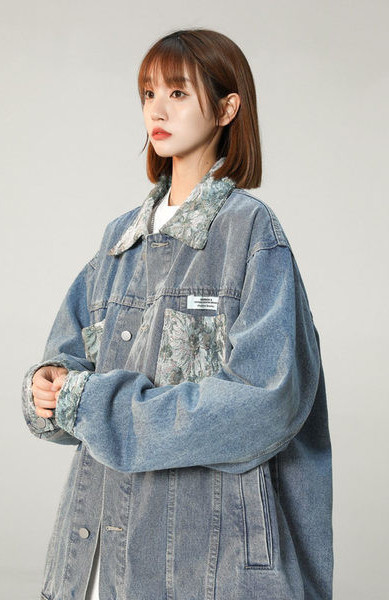 Női farmerdzseki széles virágmintás