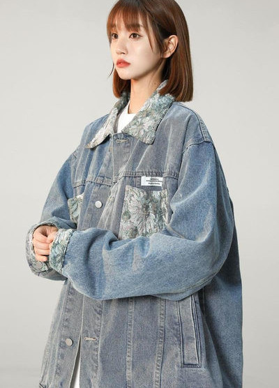 Női farmerdzseki széles virágmintás