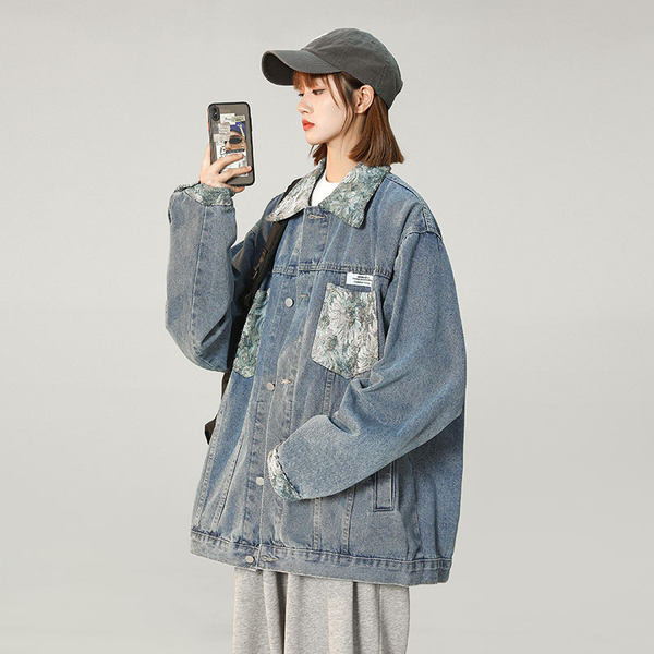 Női farmerdzseki széles virágmintás