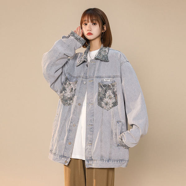 Női farmerdzseki széles virágmintás