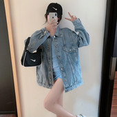 Jesenska ženska jakna na gumbe - plavi traper