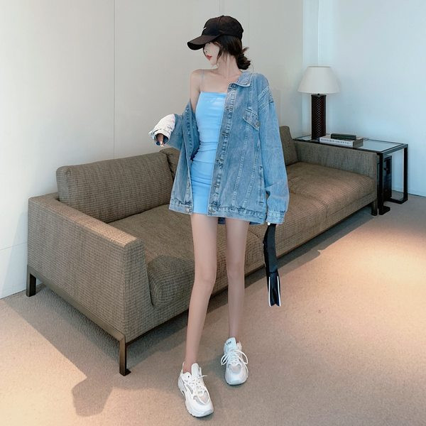 Jesenska ženska jakna na gumbe - plavi traper