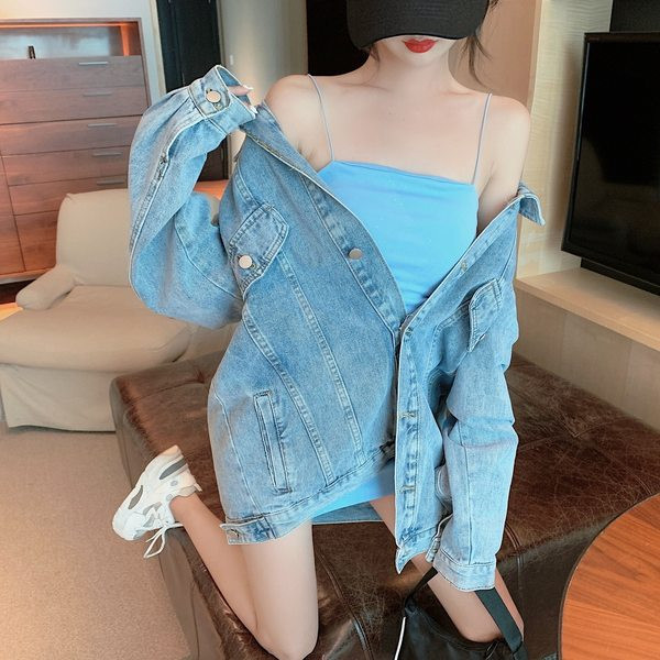 Jesenska ženska jakna na gumbe - plavi traper