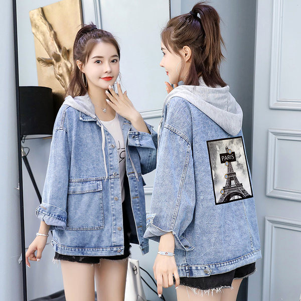 Alkalmi női farmerdzseki kapucnival és cipzárral