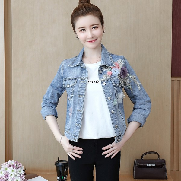 Női őszi kabát hímzéssel - farmer