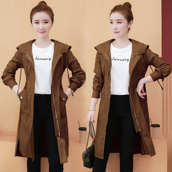 Naiste sügisene keskpikk kapuutsiga jope