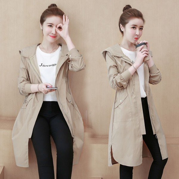 Naiste sügisene keskpikk kapuutsiga jope