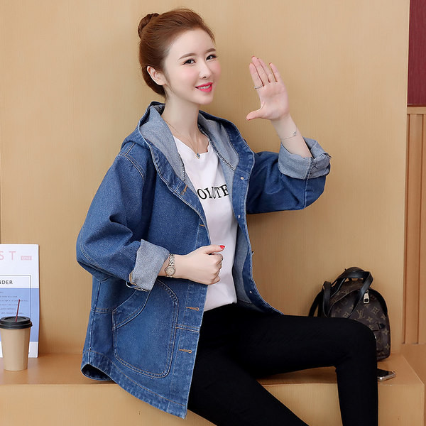 Дънково дамско яке с качулка и джоб 