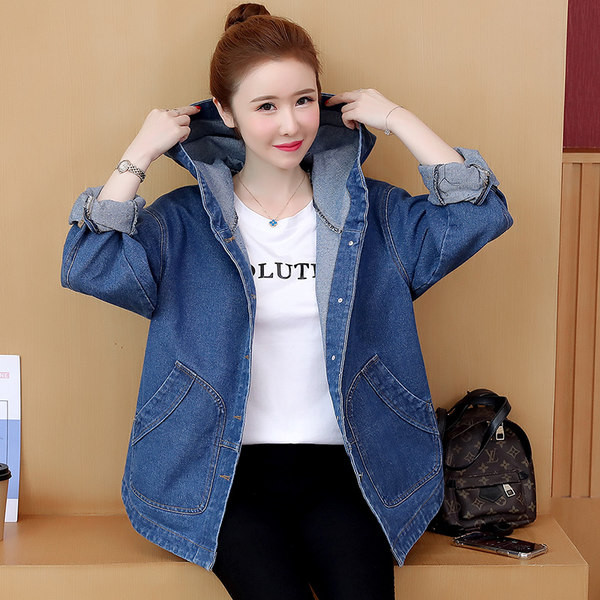 Дънково дамско яке с качулка и джоб 