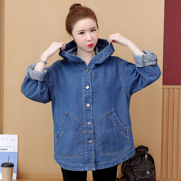 Дънково дамско яке с качулка и джоб 