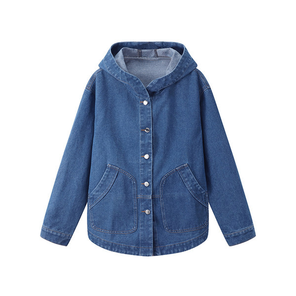 Дънково дамско яке с качулка и джоб 