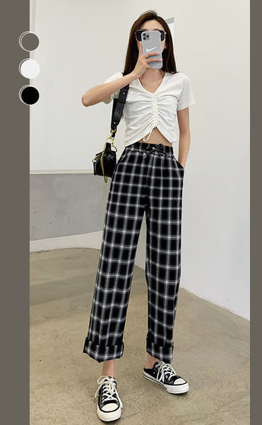 Női fekete-fehér kockás húzózsinóros nadrág