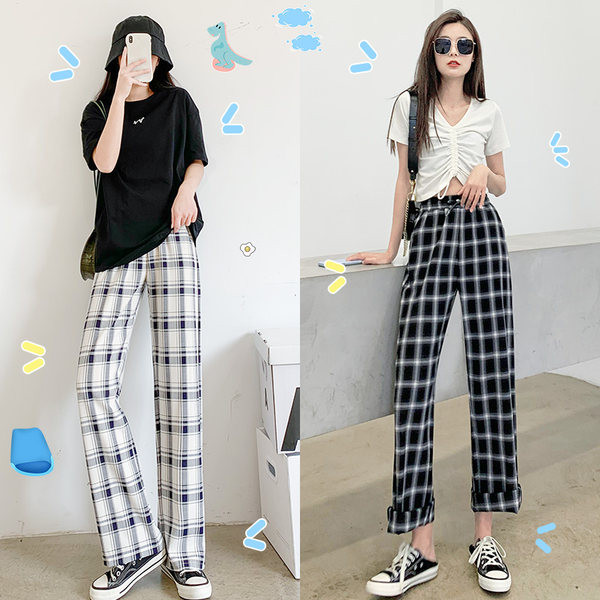 Női fekete-fehér kockás húzózsinóros nadrág